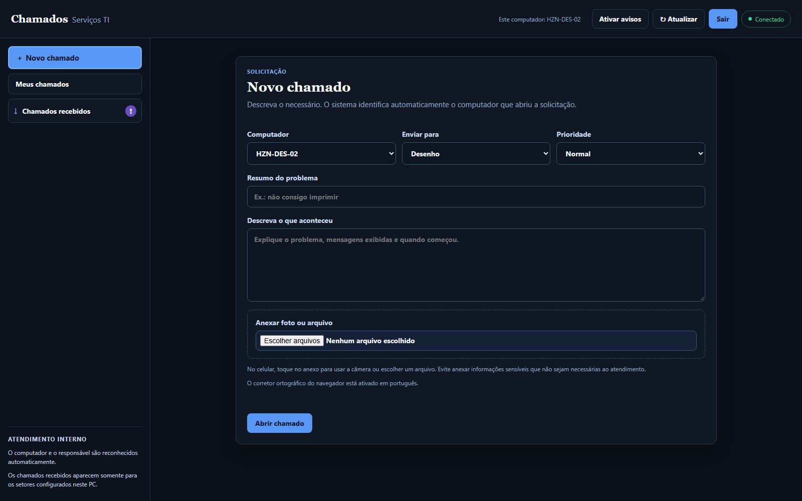 Portal simplificado para abertura de chamado.