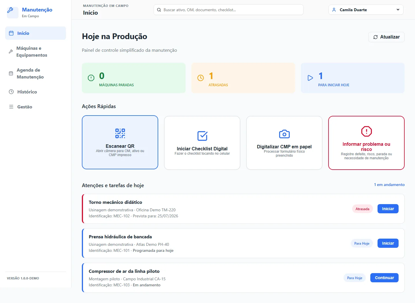 Painel operacional de manutenção em campo.