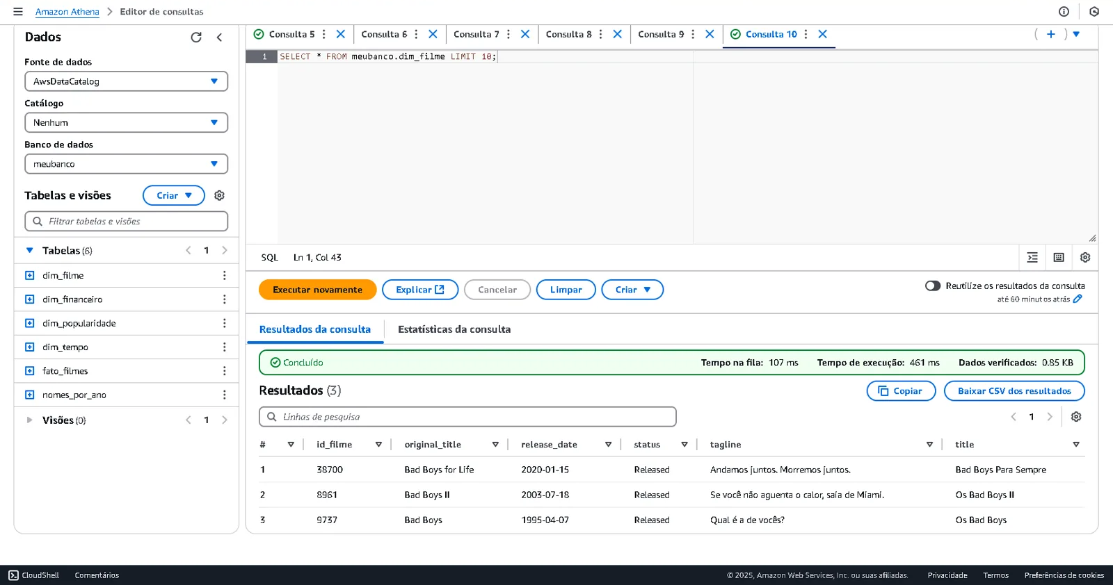 Consulta SQL no Athena à dimensão de filmes e seus resultados; evidência da saída consultável