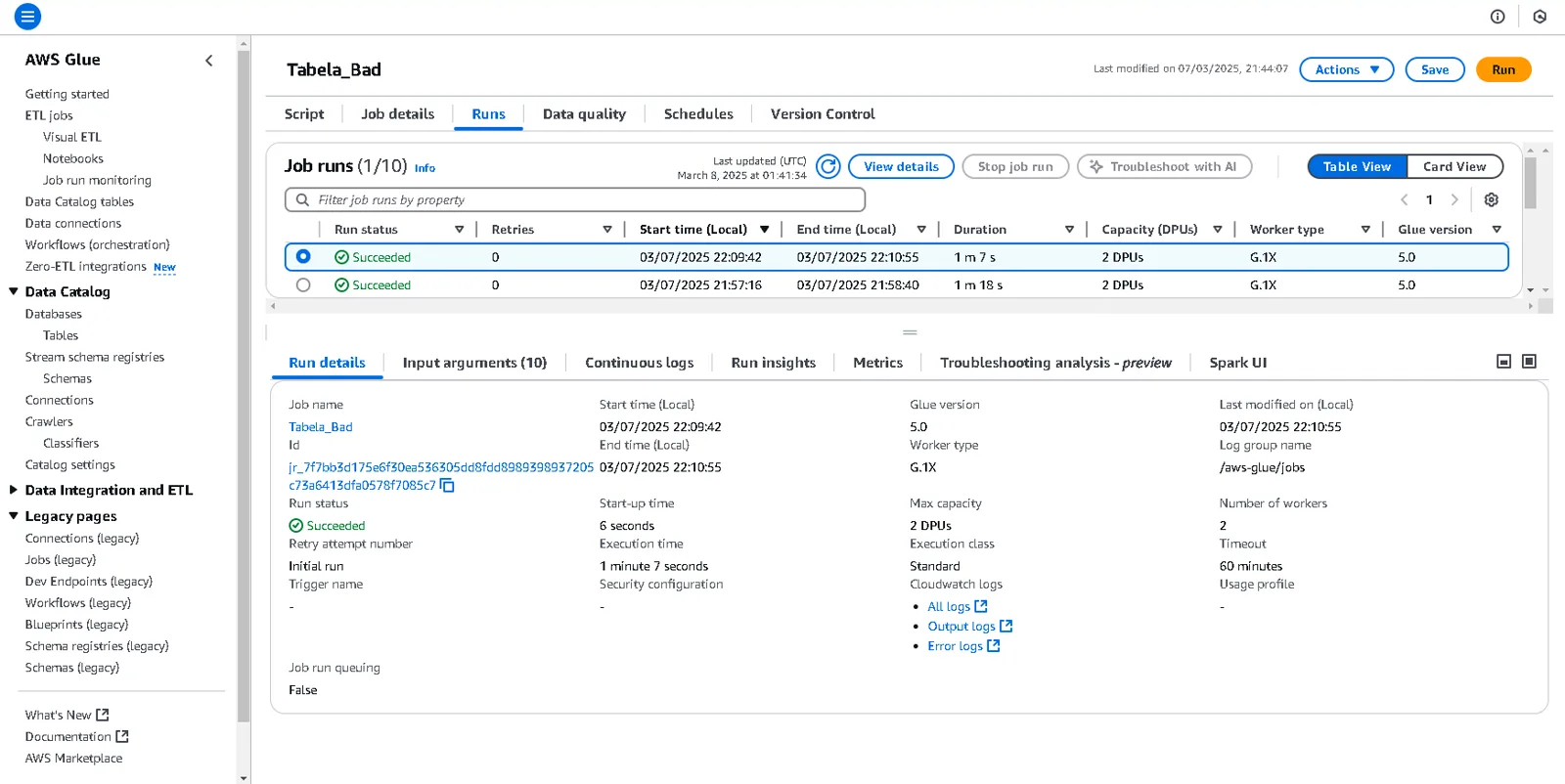 Histórico de execuções no AWS Glue; registro de processamento do exercício, não métrica de produção