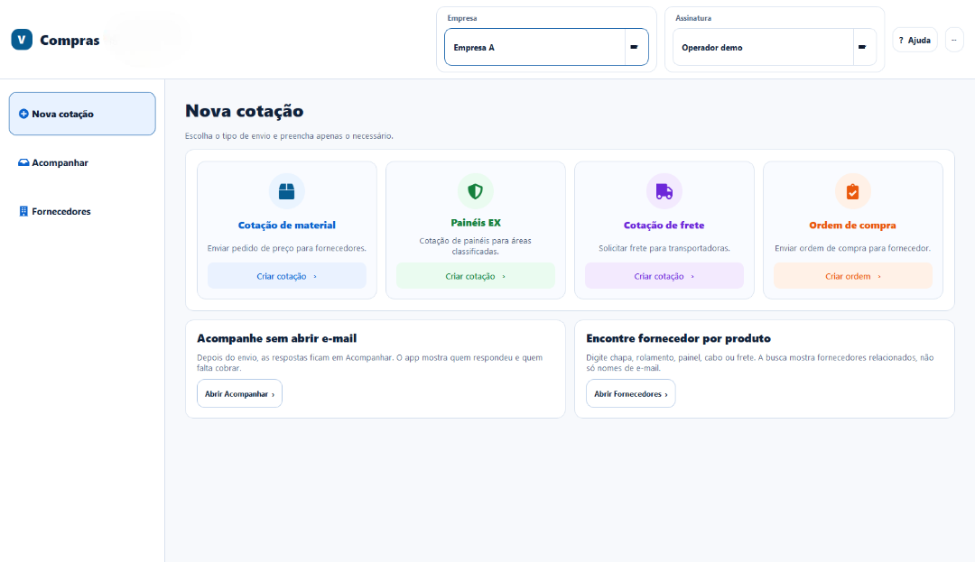Tela demonstrativa com opções para criar cotações e localizar fornecedores.