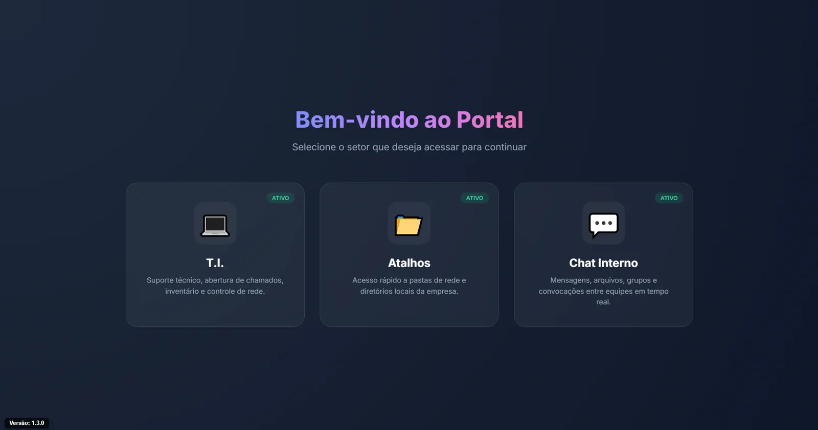 Portal de entrada do HelpDesk com dados demonstrativos.