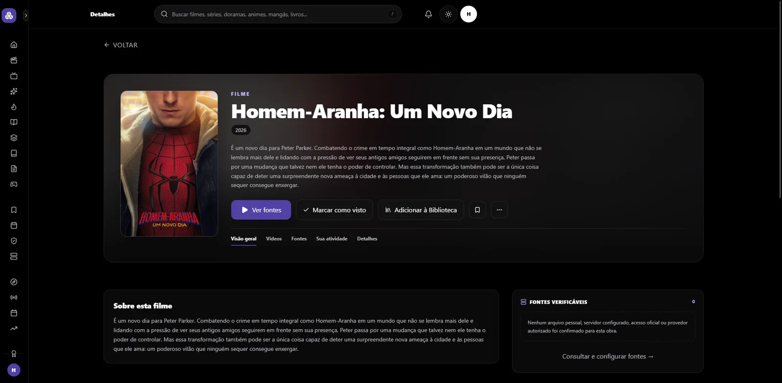 Detalhe de conteúdo com fontes e ações.