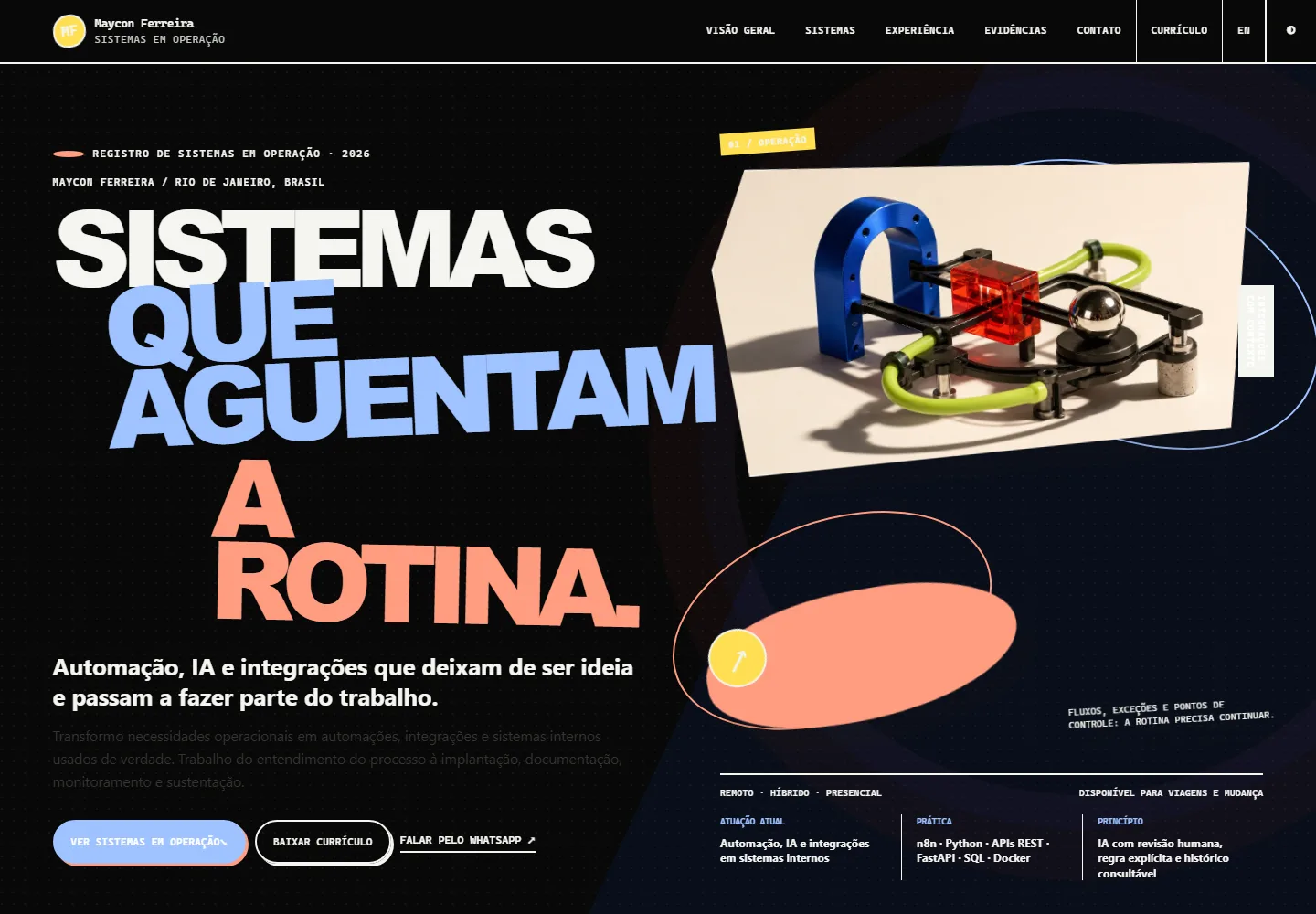 Portfólio em modo escuro persistente.