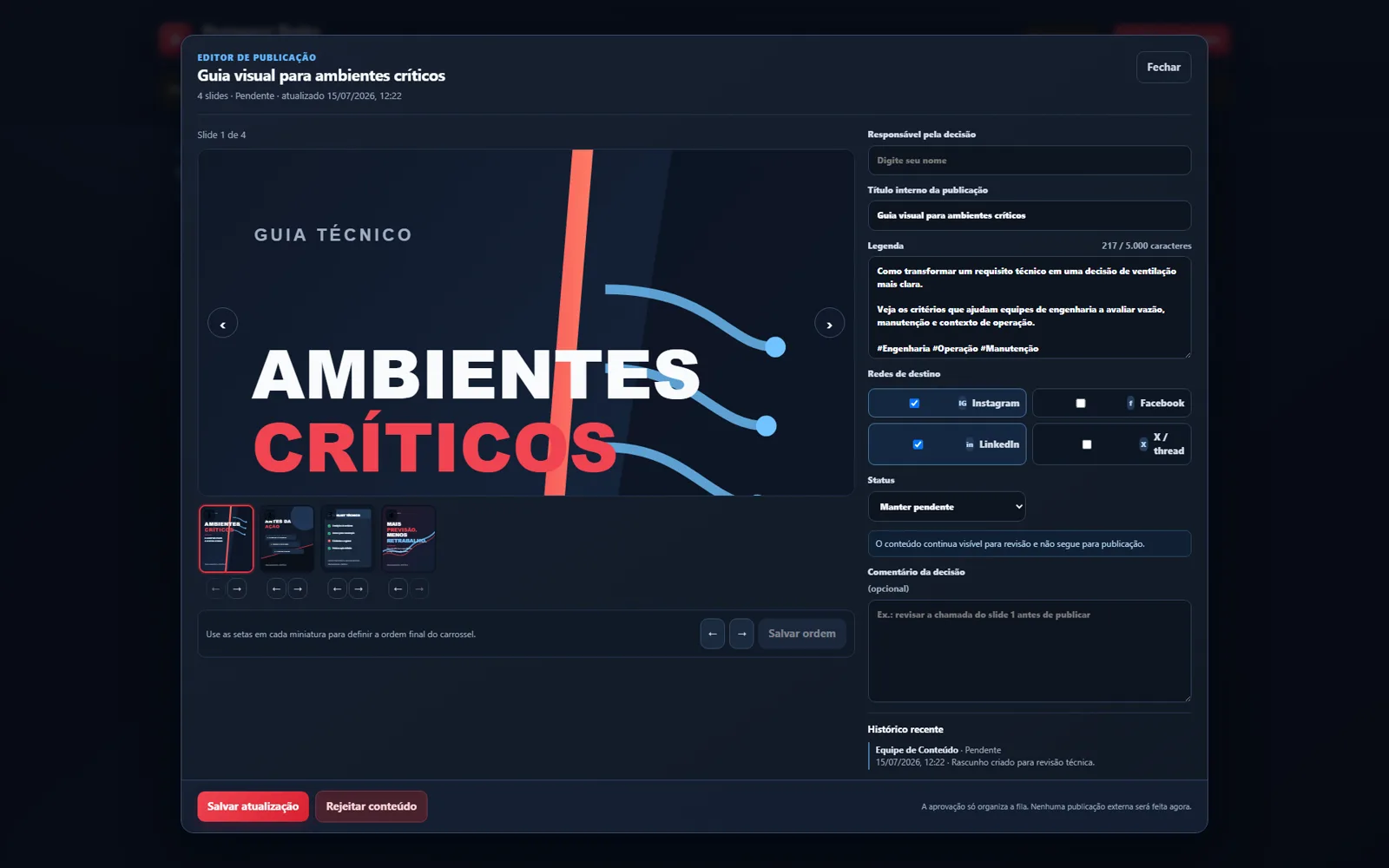 Editor de publicação com revisão humana.