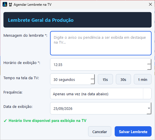 Dialog to set a reminder message, time, duration and frequency.