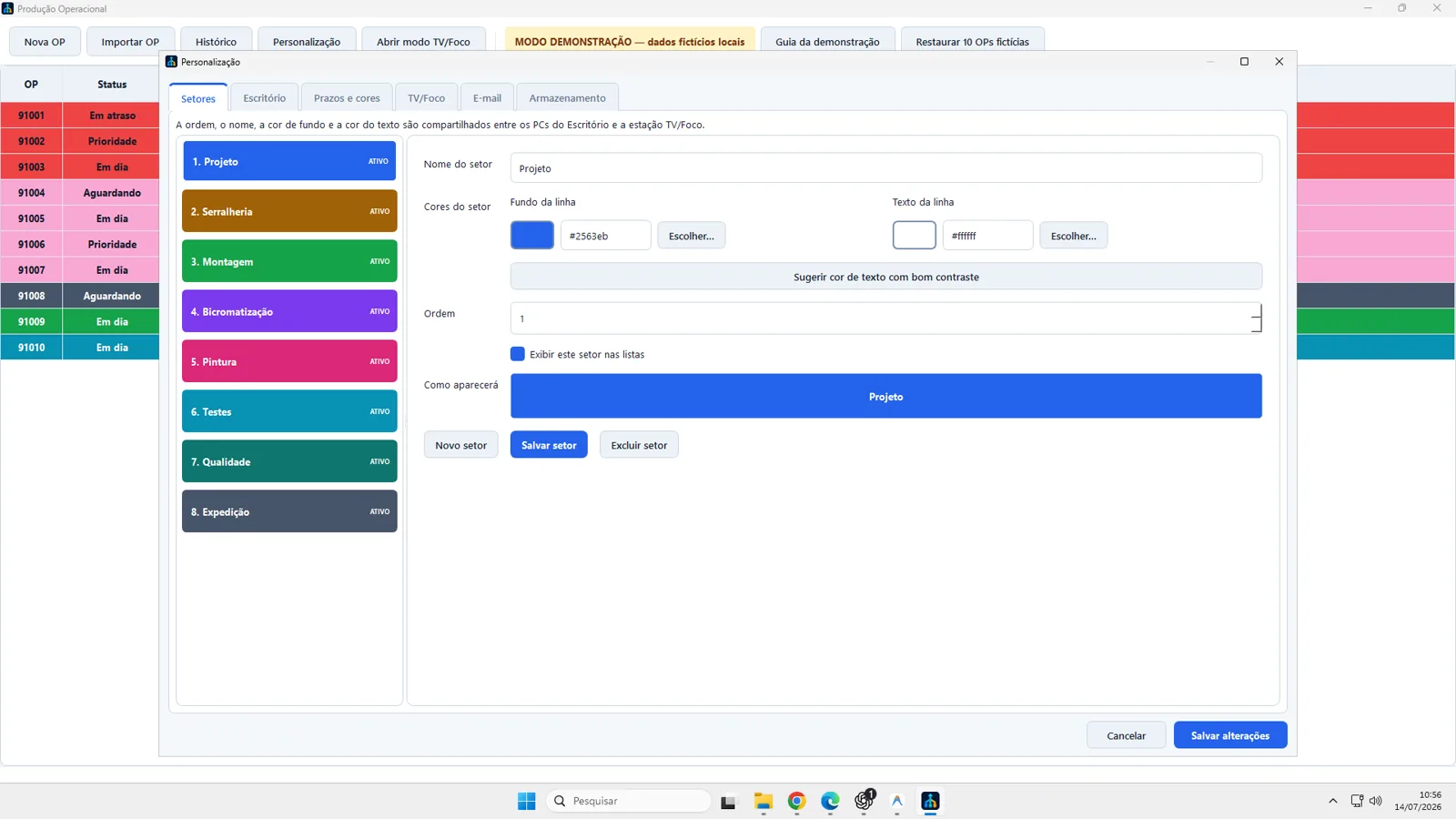Configuração dos setores produtivos.