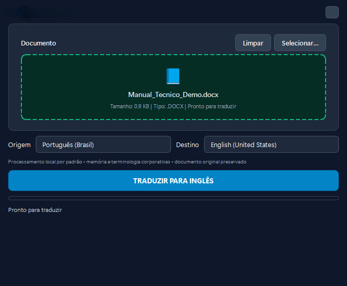 Documento Word de demonstração selecionado no tradutor antes do processamento.