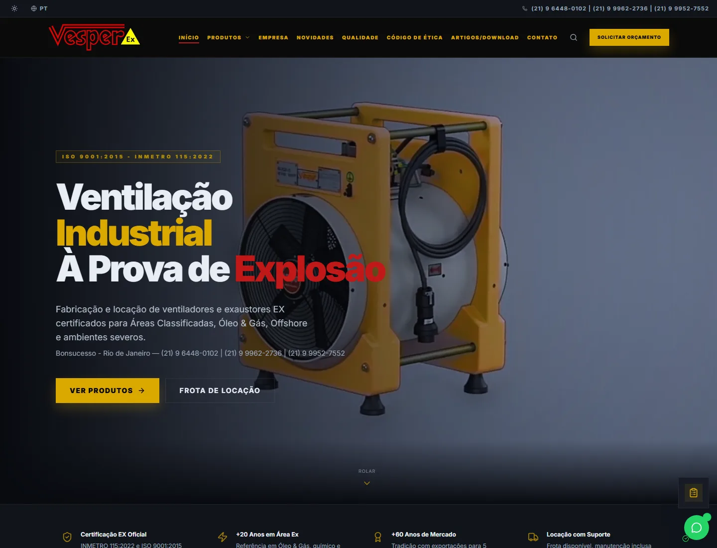 Página inicial pública da Vesper Equipamentos EX.