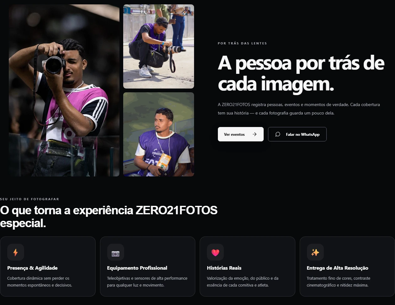 Página Sobre do site real: fotógrafo, identidade e proposta humana